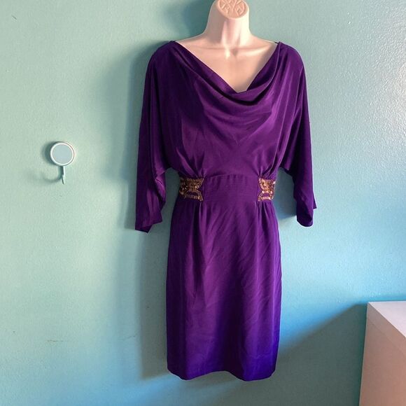 Trina Turk Womans Purple Silk Drape Neck Dress Size 12 Beaded Detail - Picture 1 of 14